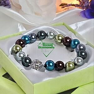 Multi Color 10mm South Sea Shell Pearl Bracelet 925 Silver Magnetic Clasp